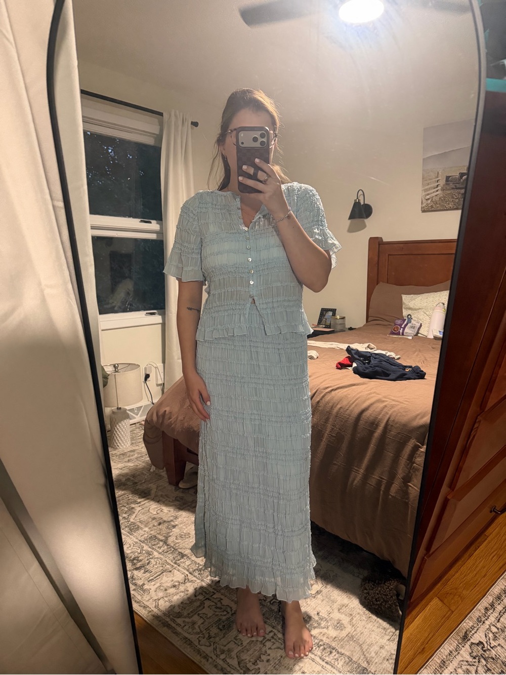 Soft Blue Tiered Maxi Dress with Button-Front